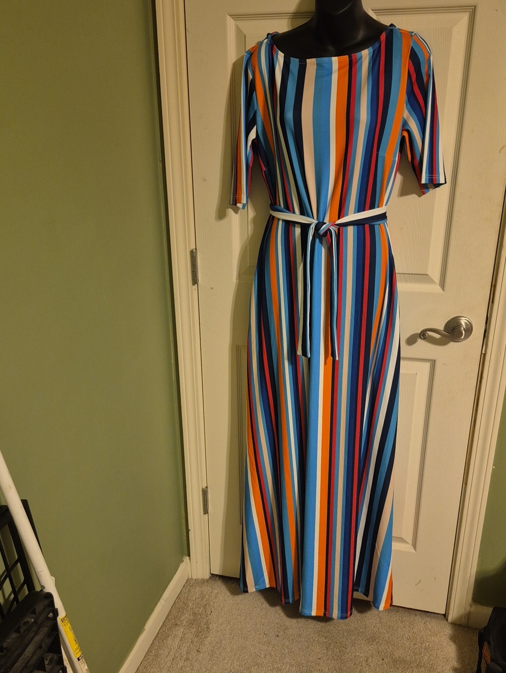 Multi-Color Vertical Stripe Maxi Dress with Tie Belt